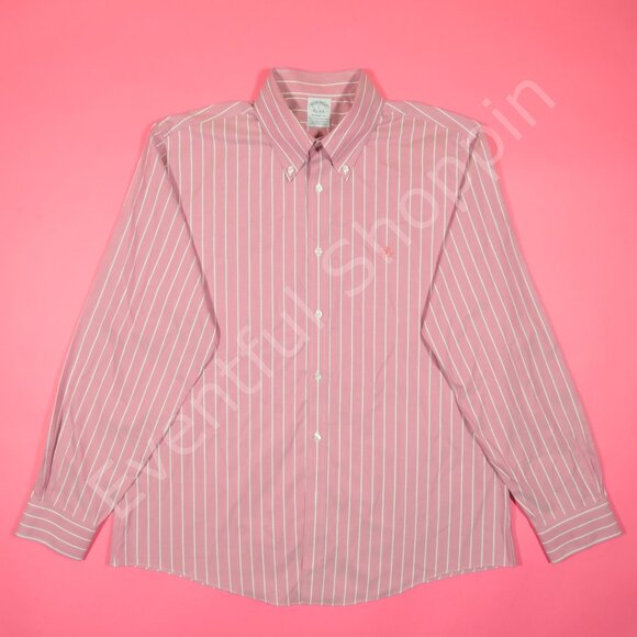 Brooks Brothers Oxford Shirt Mens L Red Regent Non Iron OCBD Striped - Picture 2 of 5